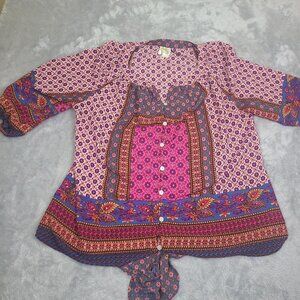 Anthropologie‎ Fig and FLower Pink Boho Print Long Sleeve Button Down Blouse 1X